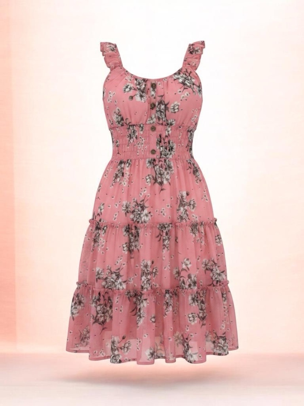 Lapis Pink Floral Ruffled Tiered Sundress
